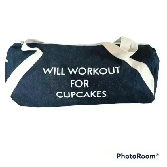 Will Workout For Cupcakes Denim Duffle Bag - Picture 1 of 9
